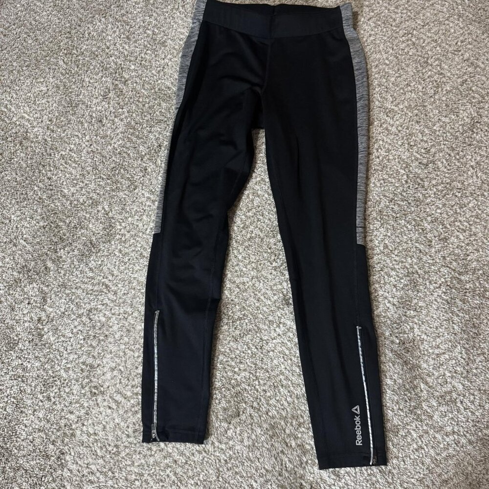 Reebok Pants Womens Small Black Gray Athletic Training Leggings Zip Ankles